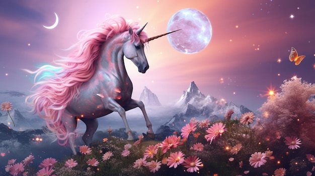 unicorn with pink mane and pink flowers in a field of flowers generative ai