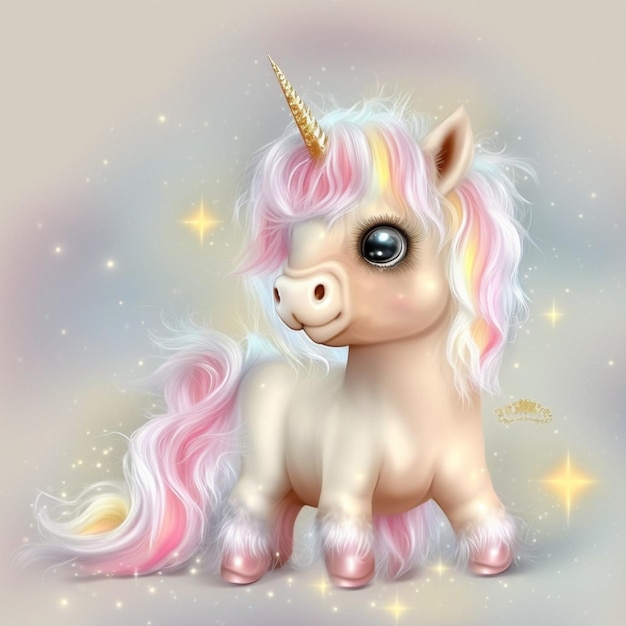 A unicorn with a pink mane and pink hair is on a blue background.