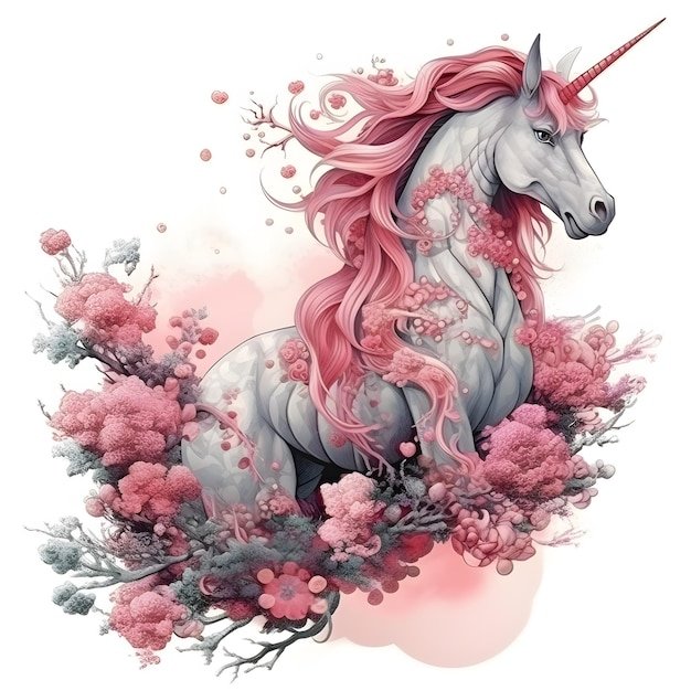 A unicorn with a pink mane and pink hair.