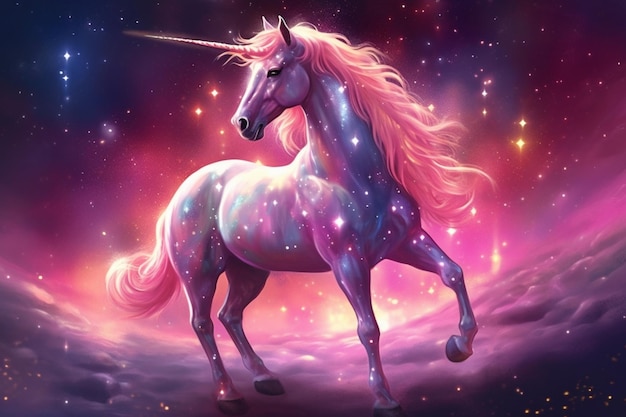 A unicorn with a pink mane and stars on it