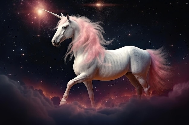 The unicorn with a pink mane and tail in a magical space Generative AI