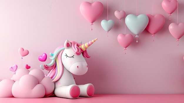 Photo a unicorn with a pink mane and tail sits next to a heart shaped balloons