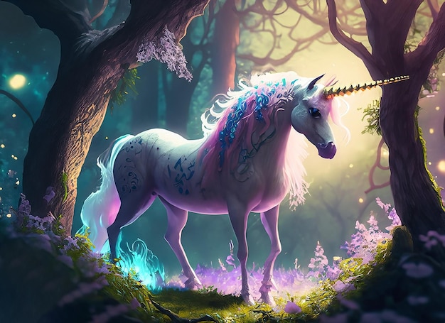 A unicorn with a purple and blue mane stands in a forest.