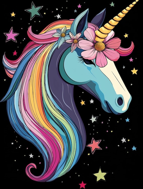 a unicorn with a rainbow on its head is drawn in a black background