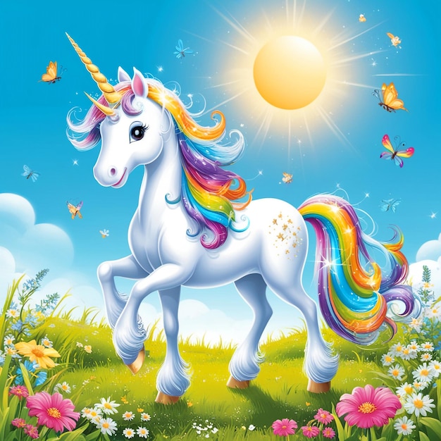 a unicorn with a rainbow on its head is in a field of flowers