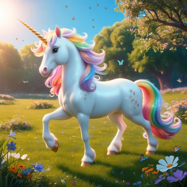 a unicorn with a rainbow on its tail is standing in a field