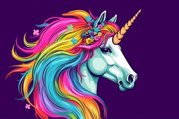 A unicorn with a rainbow mane and flowers on it