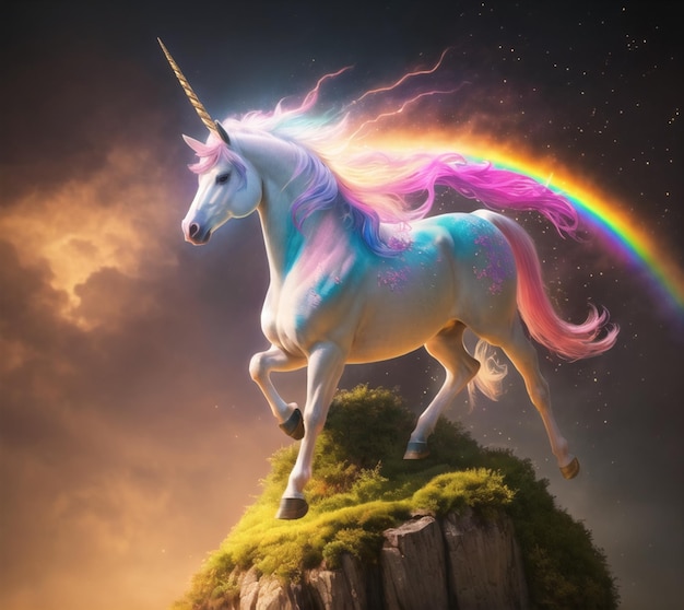 A unicorn with a rainbow mane on its back