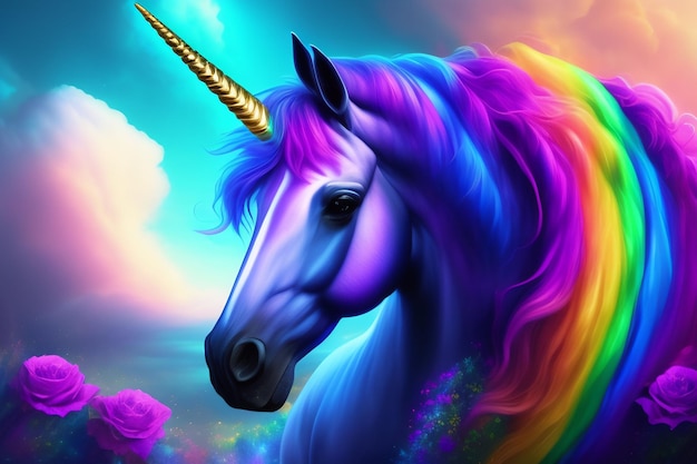 A unicorn with a rainbow mane and tail