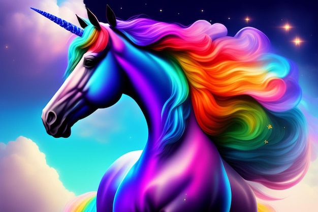 A unicorn with a rainbow mane and the word unicorn on it