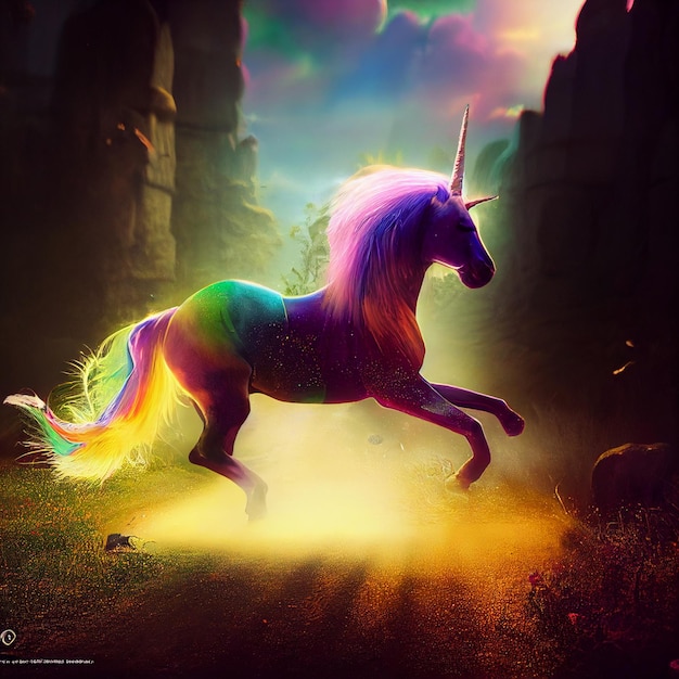 A unicorn with a rainbow tail is standing in a field.