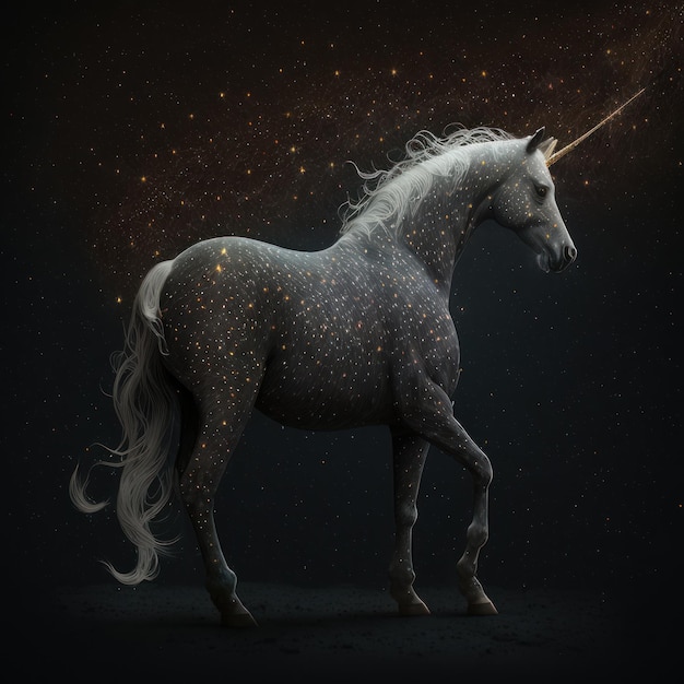 A unicorn with the stars on it is in the dark.