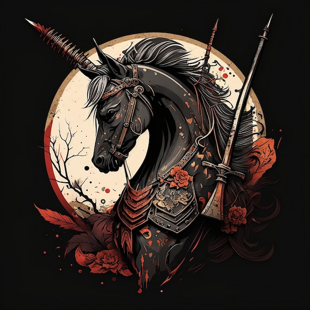 A unicorn with a sword on his head is on a black background.