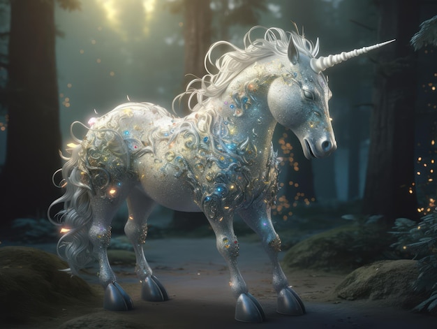 A unicorn with a white mane and gold beads on its head stands in a forest.