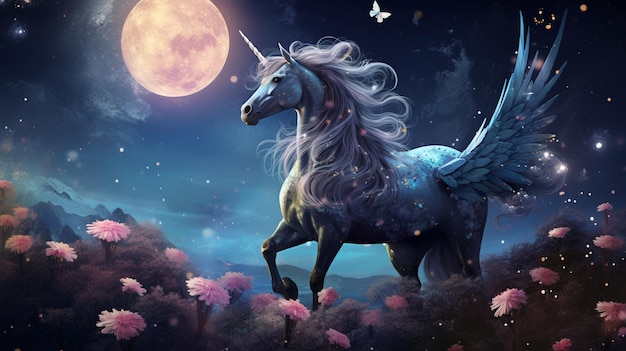 unicorn with wings flying in the night sky with a full moon generative ai