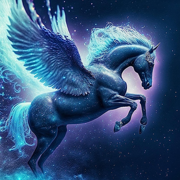 A unicorn with wings and wings is flying in the sky.