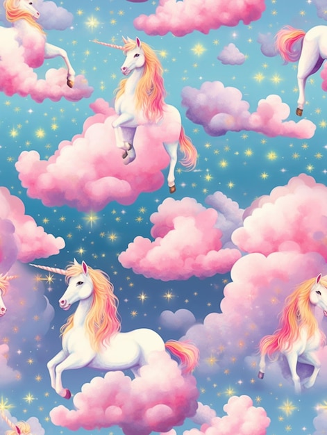 unicorns in the clouds with stars and clouds in the sky generative ai