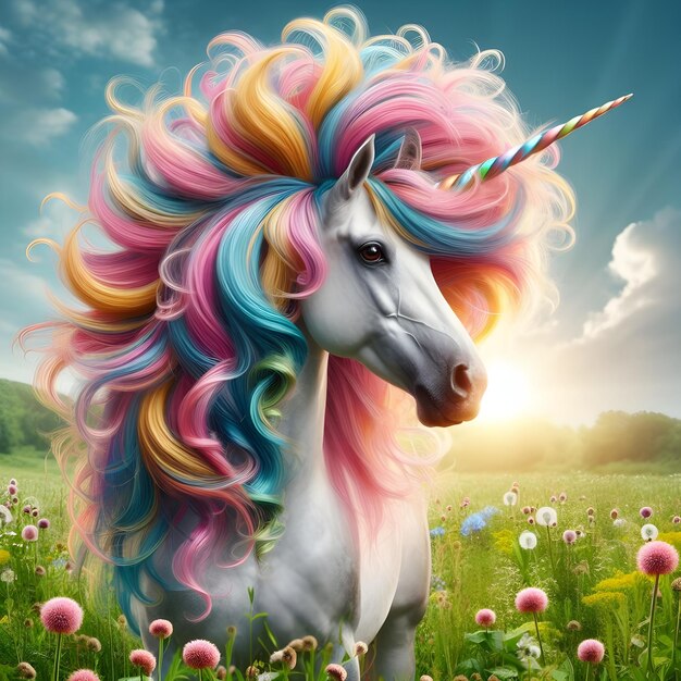 Photo unicorns with colorful hairstyles manes and tails decorated with bright ribbons