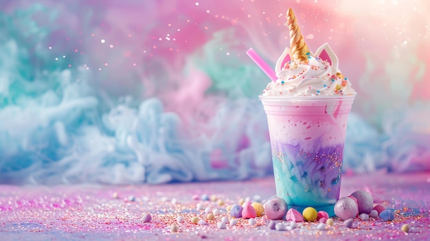 A unicornthemed milkshake with whipped cream sprinkles and a unicorn horn