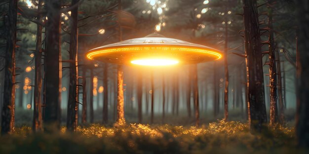 Unidentified Flying Object Spotted Hovering Above Forest Mysterious Saucer Sighting in Nature Park Concept UFO Sightings Mysterious Encounters Strange Phenomena Cryptozoology