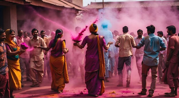 Unidentified people celebrating Holi festival People throwing color powder or water during Holi