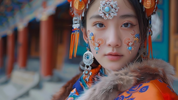 Unidentified thai girl in traditional costume at the temple Generative AI illustrations