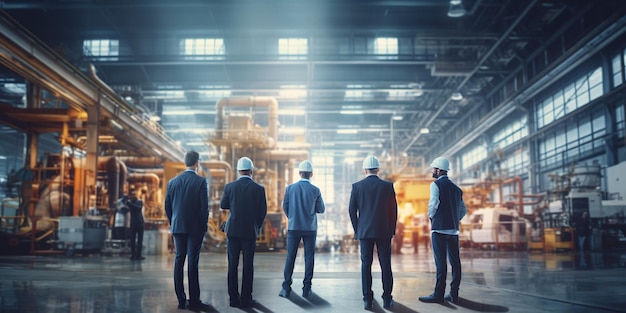 Unified team of managers and workers at a modern factory showcasing collaboration and dedication Generative AI