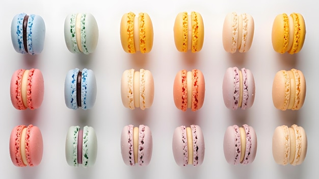 Photo a uniform grid of multicolored macarons in pastel hues on a pristine white background ai generated illustration