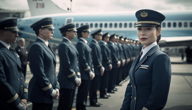 Photo uniformed adults standing in a row looking confident and serious generated by ai