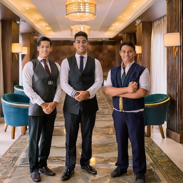 Photo uniformed hotel receptionists standing together in a welllit highend hotel interior showcasing p