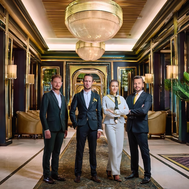 Photo uniformed hotel receptionists standing together in a welllit highend hotel interior showcasing p