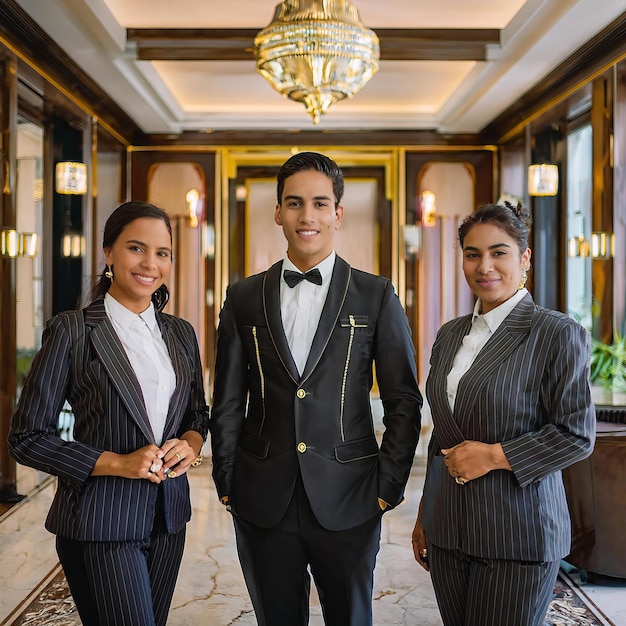 Photo uniformed hotel receptionists standing together in a welllit highend hotel interior showcasing p