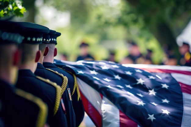 Uniformed officers in ceremonial attire hold an American flag