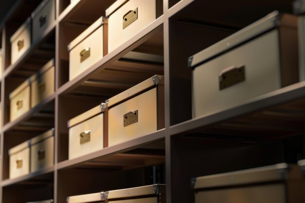 Photo uniformly packed beige storage boxes neatly arranged on wooden shelves bathed in natural light evoking organization and minimalism