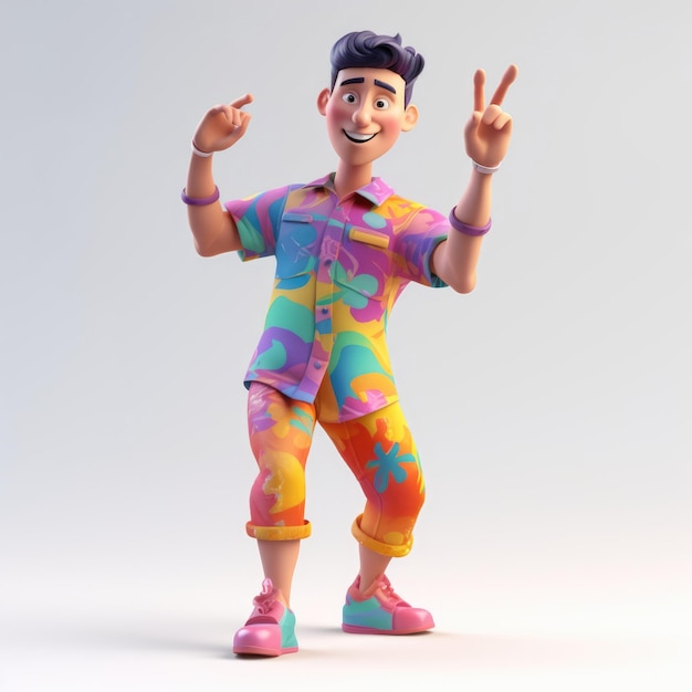 A unique 3D character in Notion style with a playful expression wearing a patterned shirt and shorts handpainted texture with vibrant colors