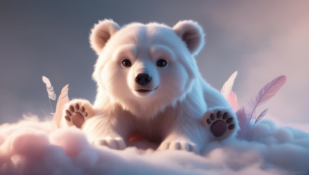 The unique Bear Cub in a soft cloudlike setting rendered in a gentle digital painting