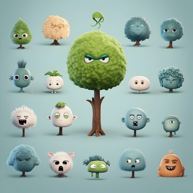 Unique Cartoon Tree Characters with Expressive Facial Features in Minimalist Fluffy Texture Design