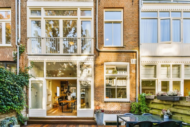 Unique courtyard with wood flooring