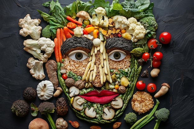 Photo a unique and creative image featuring a face made entirely of various food items for artistic and culinary inspiration