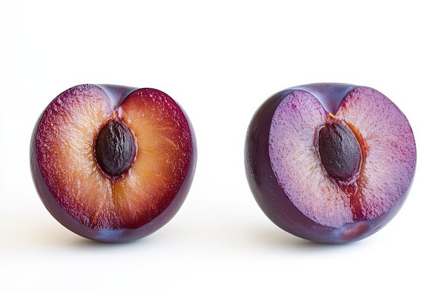 Unique crosssection of two different plum varieties showcasing vibrant colors and textures