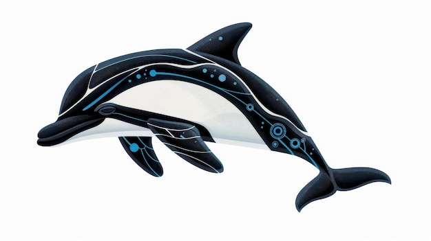 Unique cyber dolphin design with digital patterns and a robotic tail on a white background