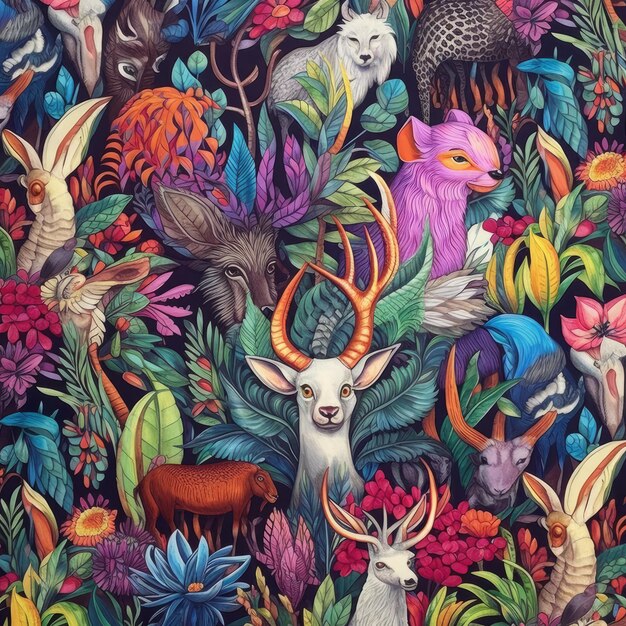 A unique and eyecatching pattern featuring various animals in vibrant colors