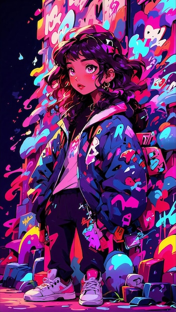 Unique girl in hoodie long and wavy hair standing in front of a graffiti covered wall comics style