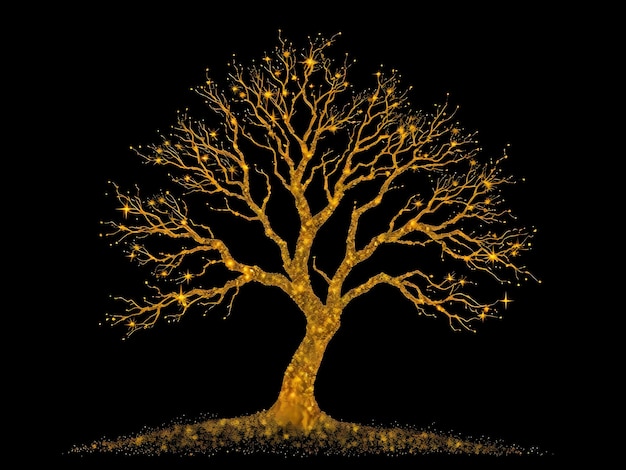 Photo unique golden tree silhouette on black background