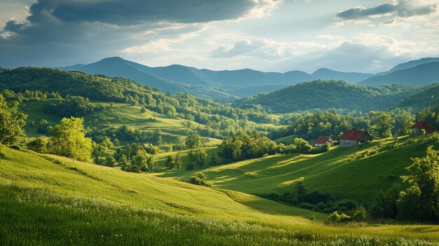 Photo unique green landscape morning light with mist and fog over cultivated hill range and cereal crop