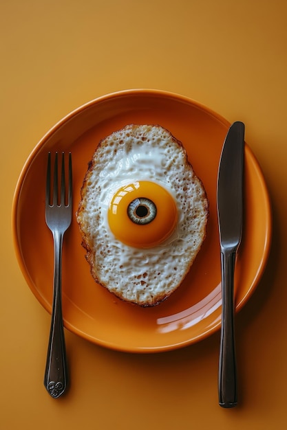 Photo a unique halloweeninspired dish features a fried egg yolk placed on a slice of bread resembling an