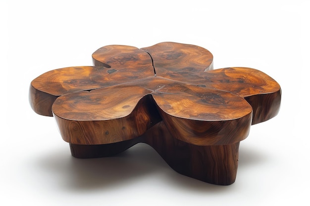 Unique handcrafted wooden coffee table with a floral design in a modern living space