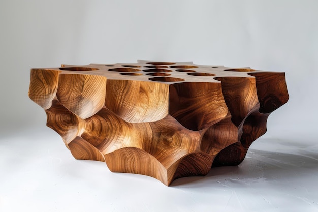 Unique handcrafted wooden coffee table with intricate organic shapes and hollow designs showcased against a neutral backdrop