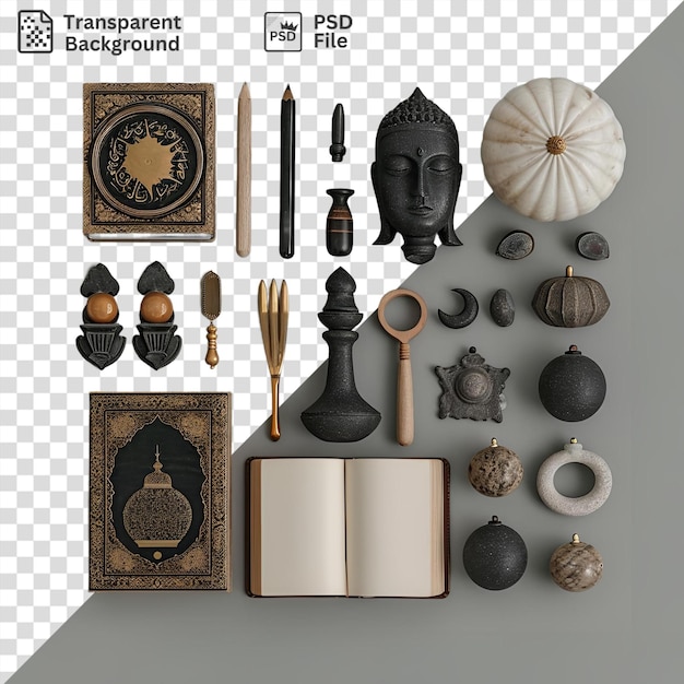 Photo unique islamic lunar items set a white book a black face a white wall a gold handle and a brown egg