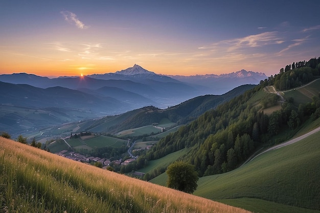 Unique Landscape with Sunset Sky and Mountain Peaks